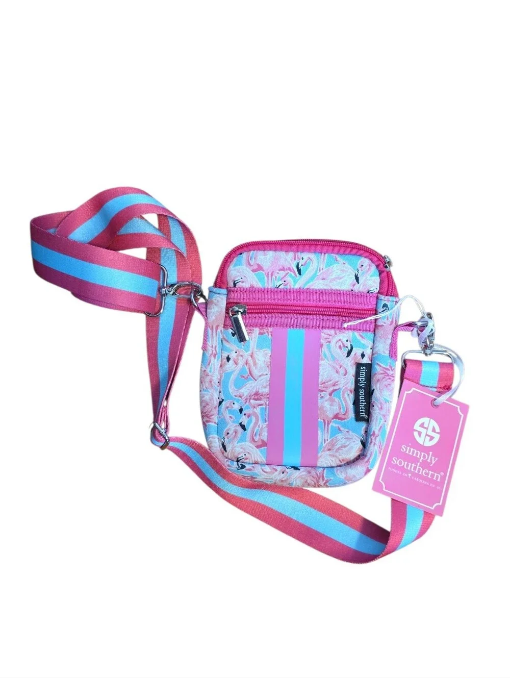 Simply Southern Pink & Blue Flamingo Stripe Crossbody Bag